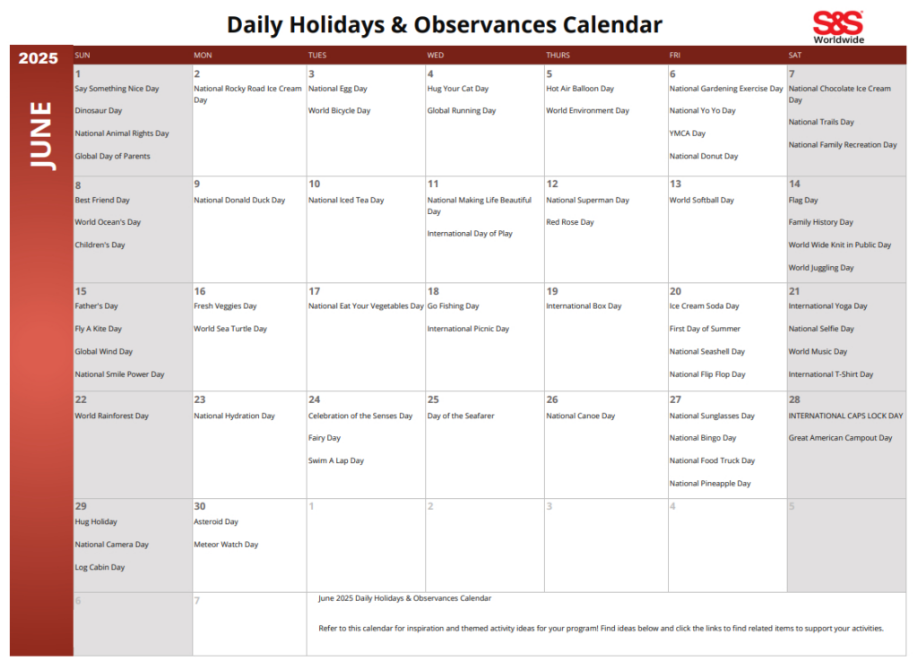 June Daily Holidays & Observances Printable Calendar S&S Blog Throughout Printable June Calendar With Holidays June Daily Holidays & Observances Printable Calendar S&S Blog Throughout Printable June Calendar With Holidays