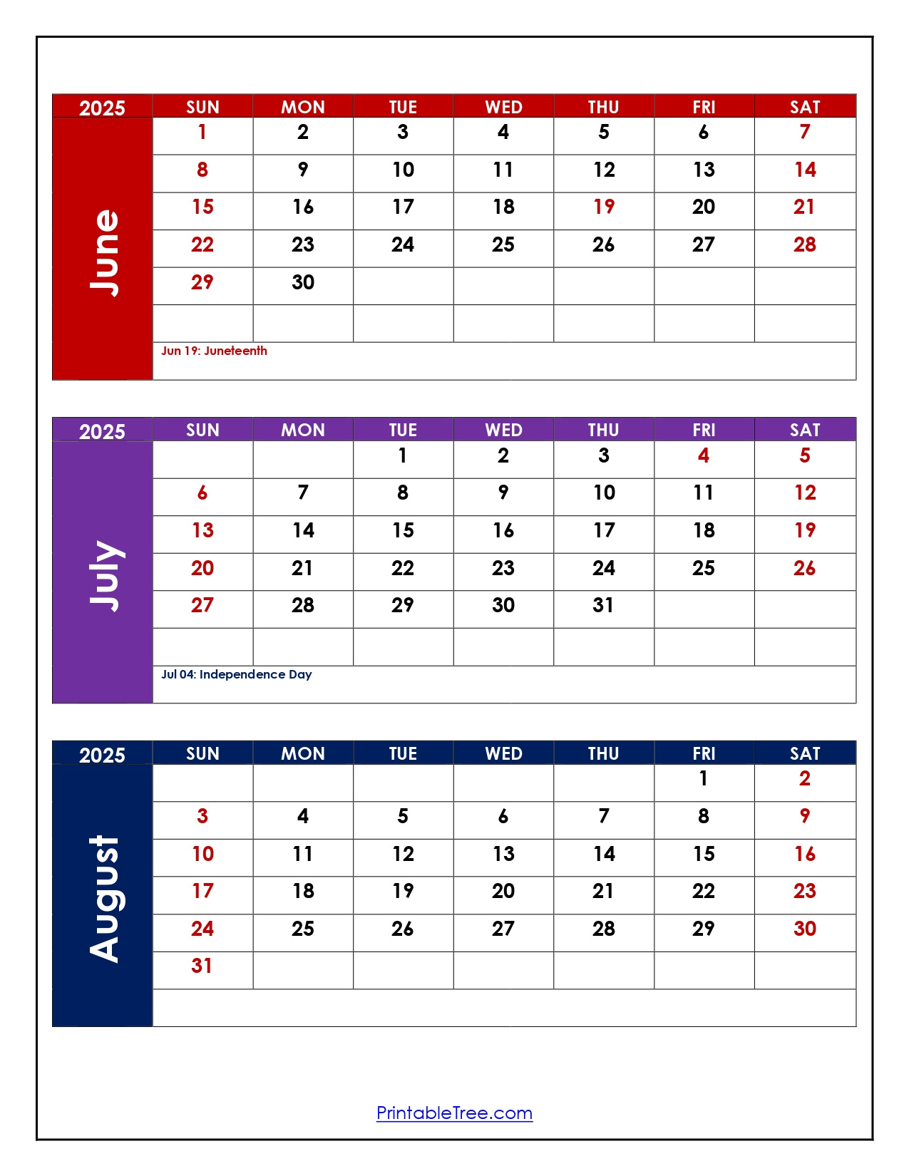June To August 2025 Calendar Printable Pdf | Three Months Calendar in June Through August 2025 Calendar