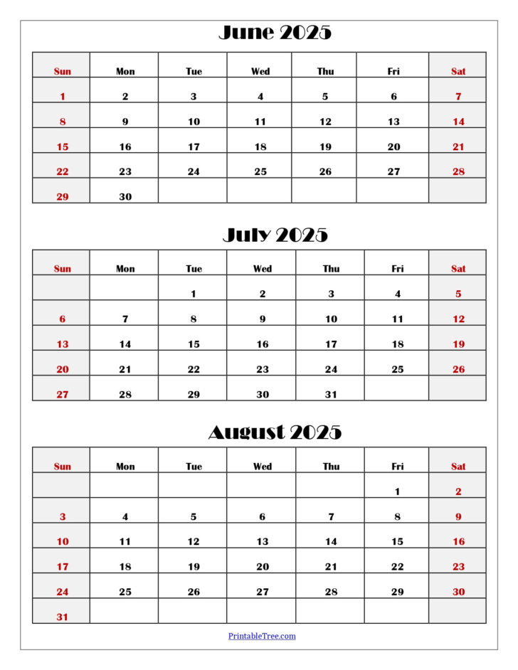 June July and August Calendar 2025
