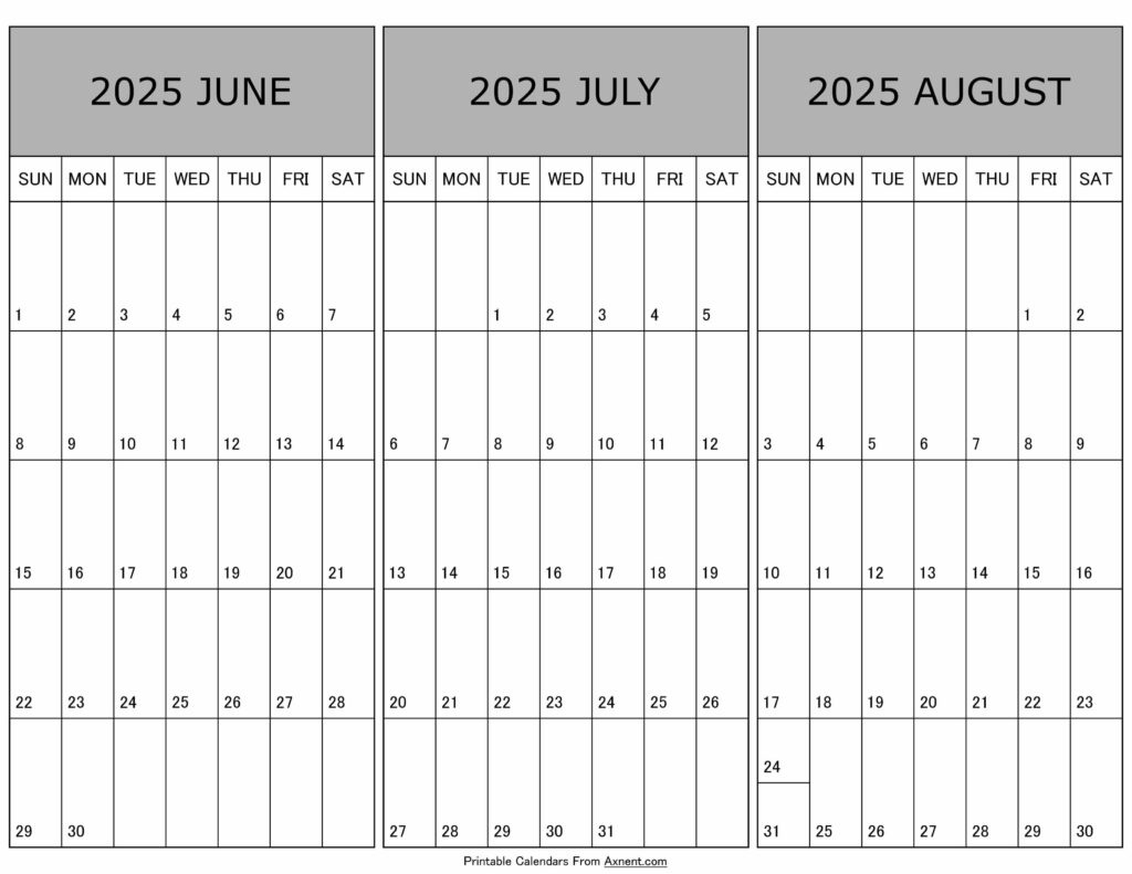 June To August Calendar 2025 Templates - Three Months in 3 Month Calendar June July August 2025