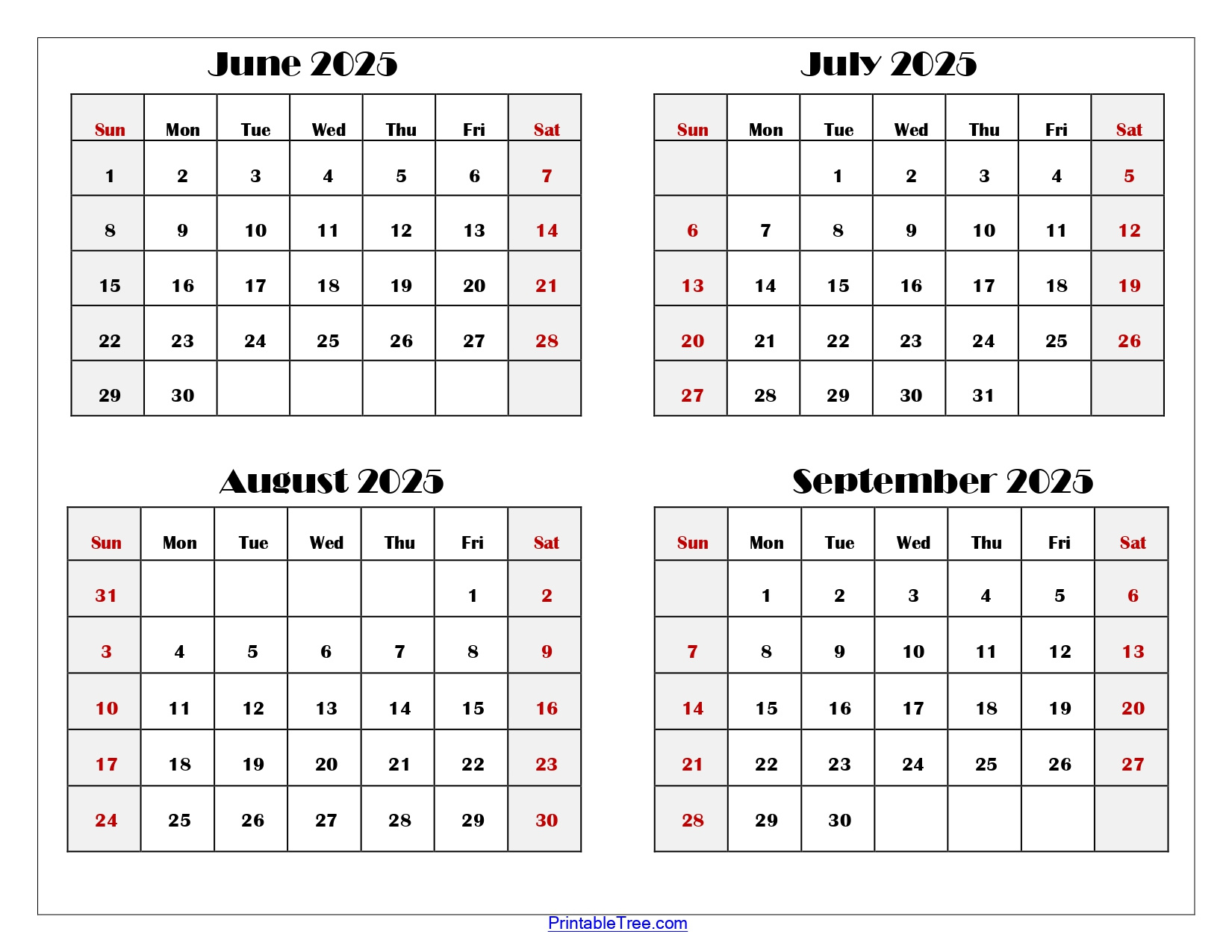 June To September 2025 Calendar Printable Pdf | Four Months Calendar in June - September 2025 Calendar