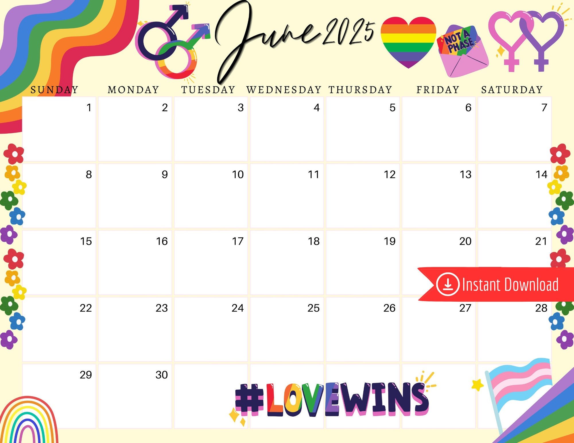 Juni 2025 Digitaler Kalender - Queer Pride Planer Bearbeitbarer inside June 2025 Pride Month Calendar