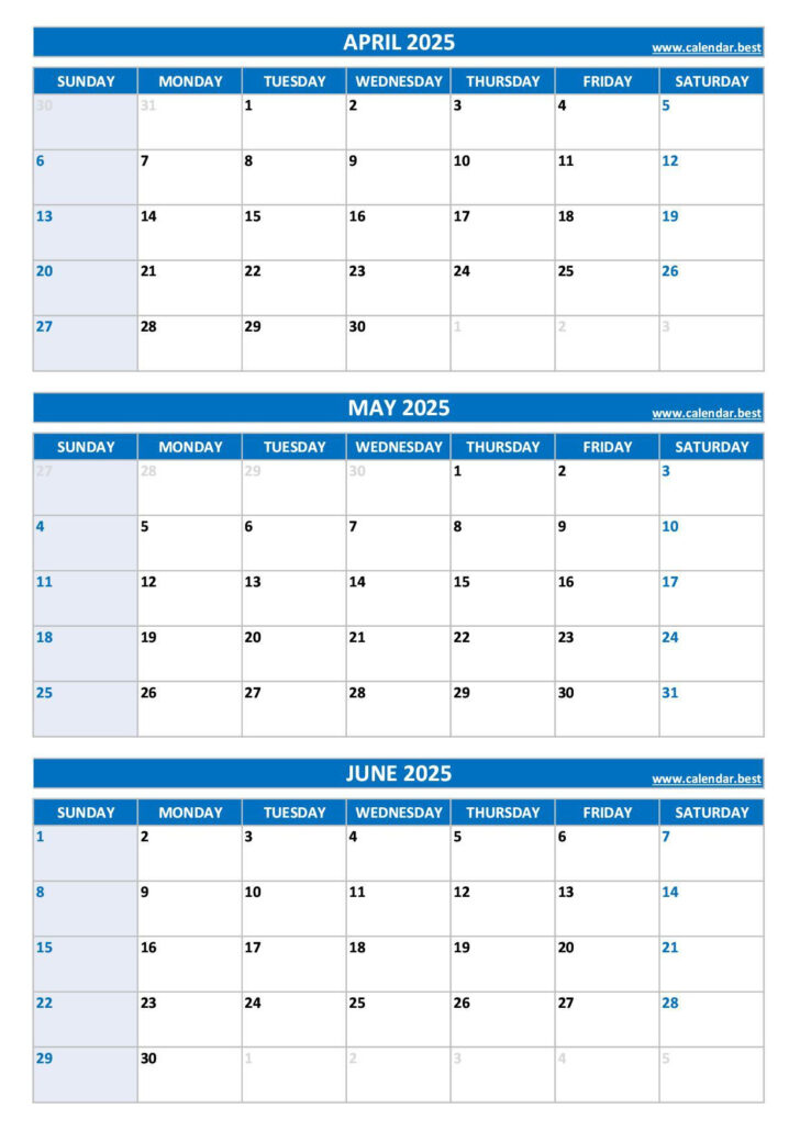 April to June 2025 Calendar