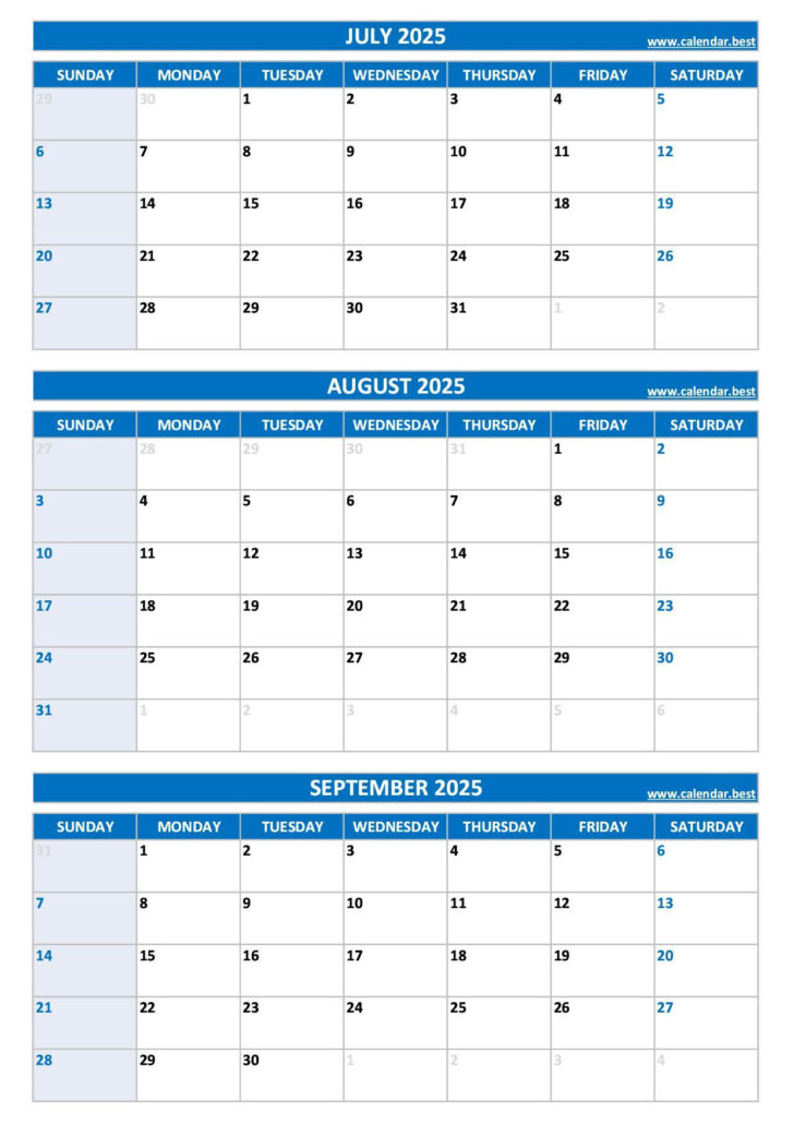 Printable 3 Month Calendar 2025 June July August