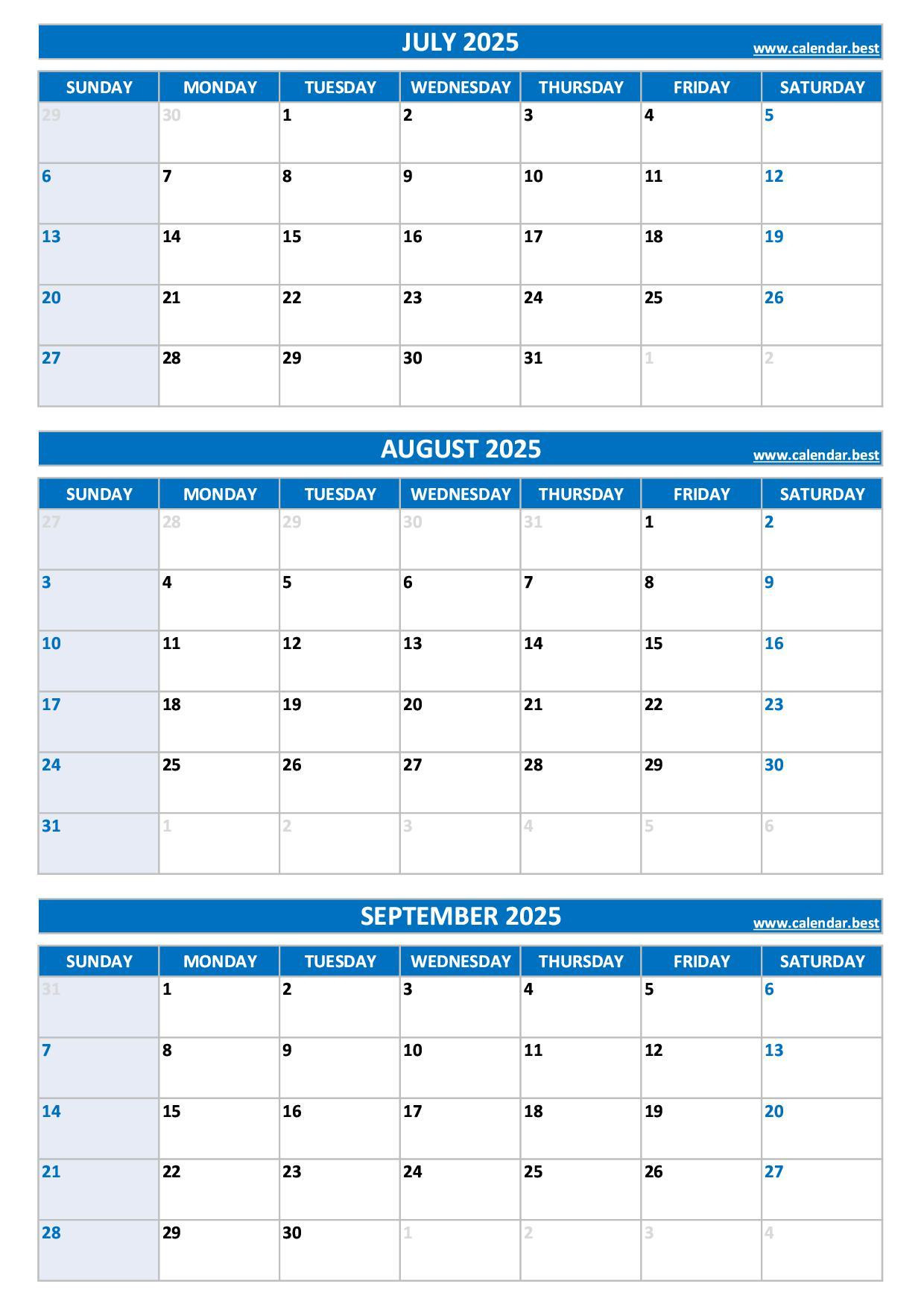 Printable 3Rd Quarter 2025 Calendar in Printable 3 Month Calendar 2025 June July August