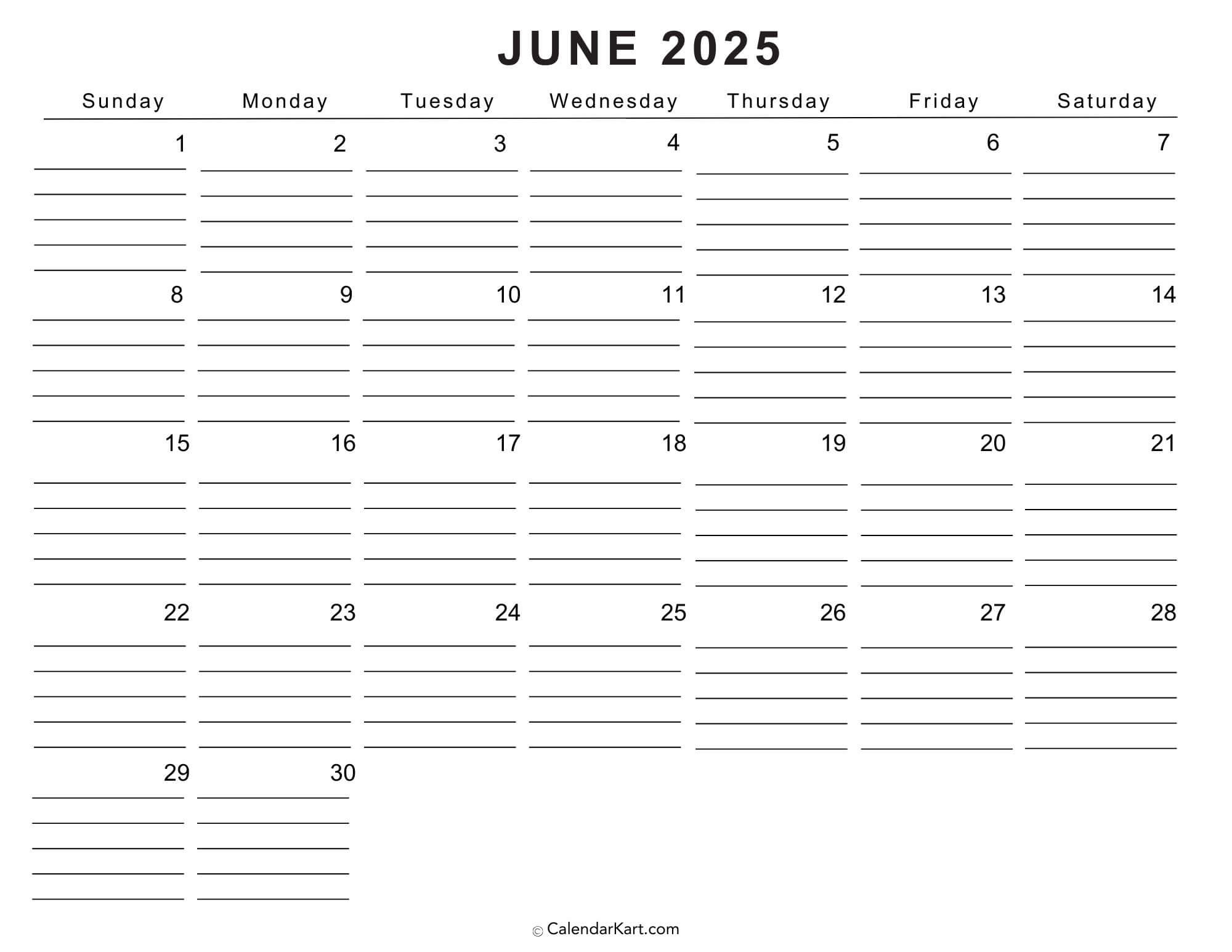 Printable Cute June 2025 Calendar Templates | Calendarkart throughout June 2025 Calendar Fillable