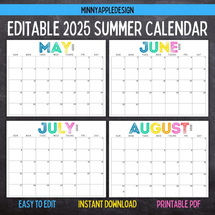 June and July 2025 Editable Calendar