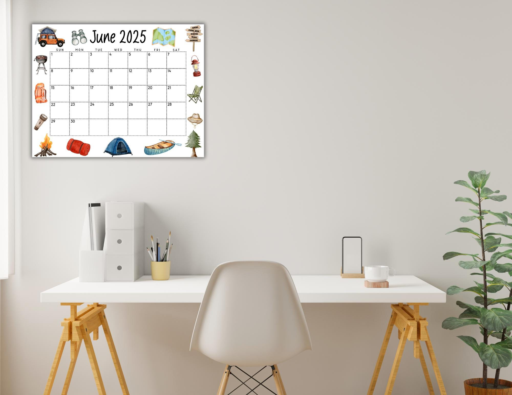 Printable June 2025 Wall Calendar | Watercolor Camping Calendar W in June Dry Erase Calendar Ideas 2025