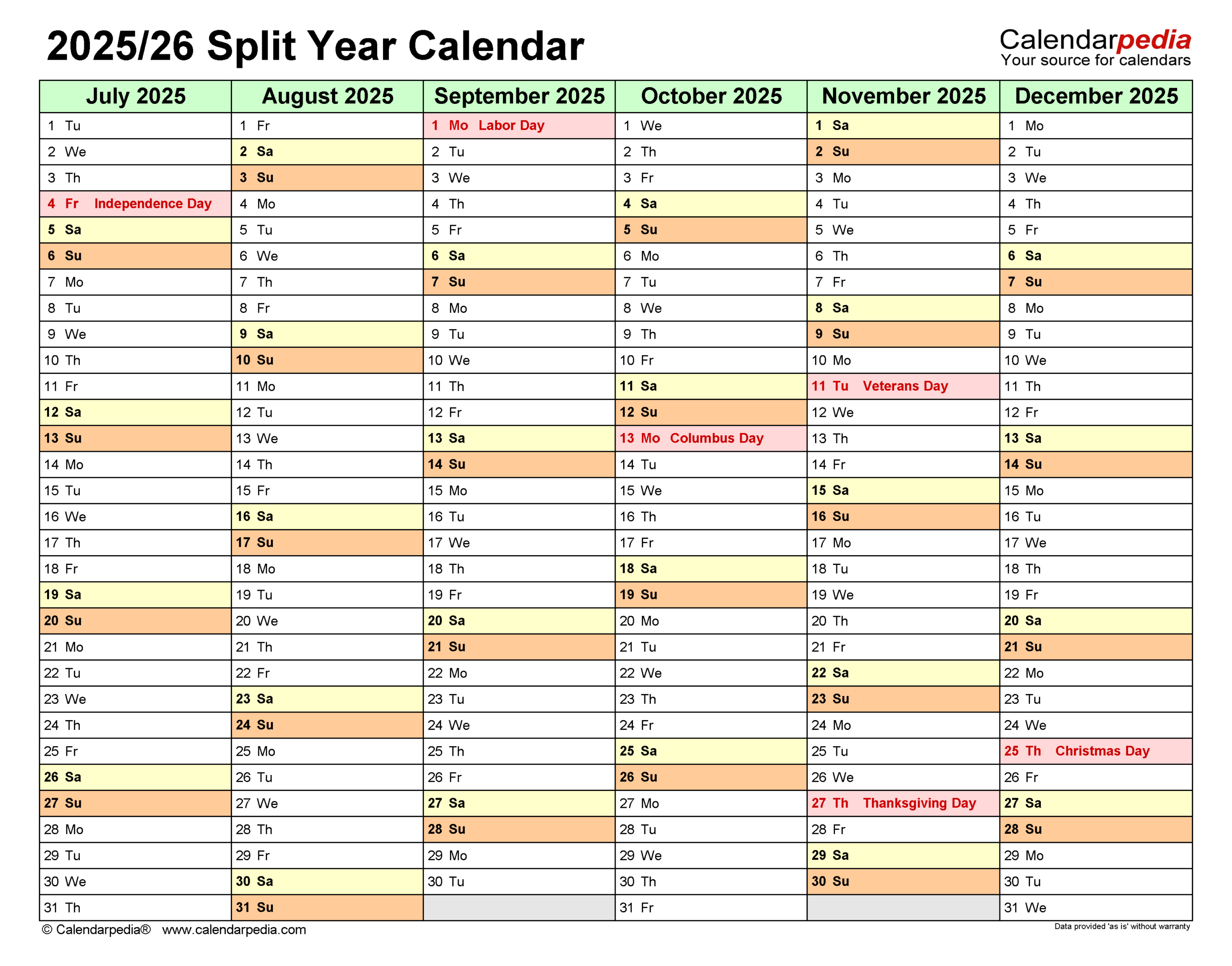 Split Year Calendars 2025/2026 (July To June) - Pdf Templates regarding June 2025 To December 2025 Calendar