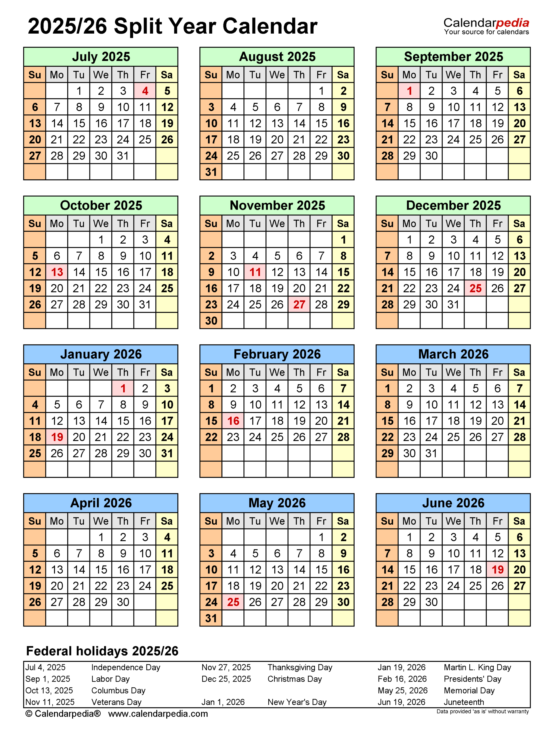 Split Year Calendars 2025/2026 (July To June) - Pdf Templates throughout June 2025 To June 2026 Calendar