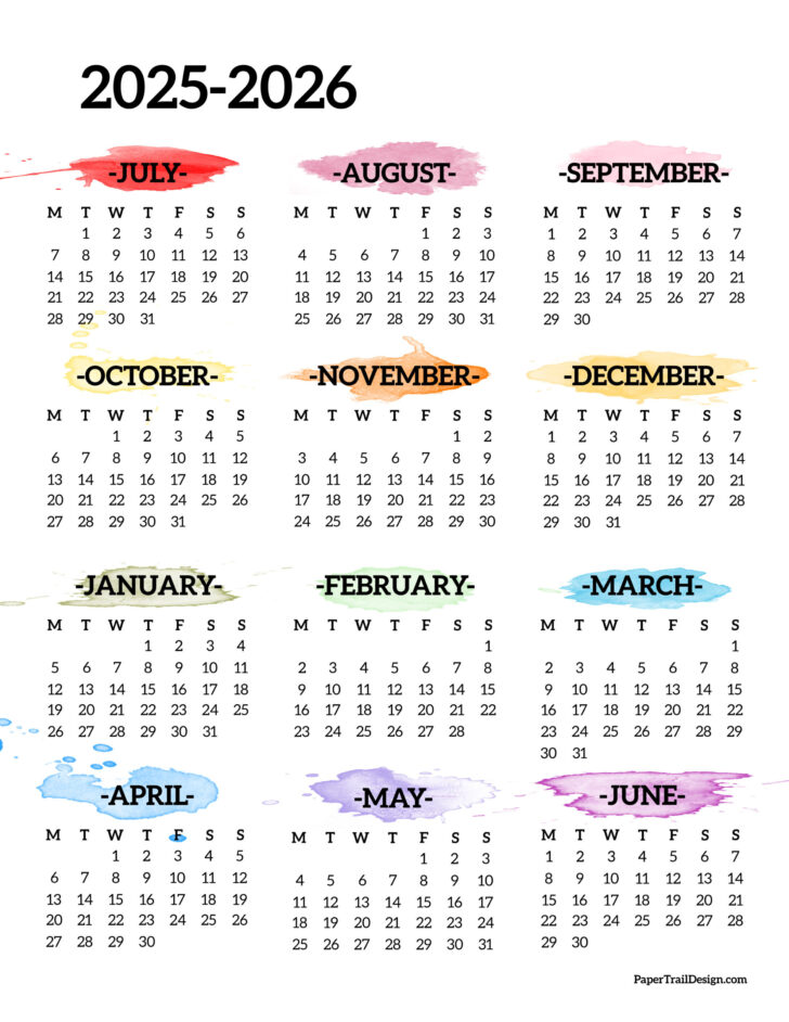July 2025 to July 2026 Calendar Printable