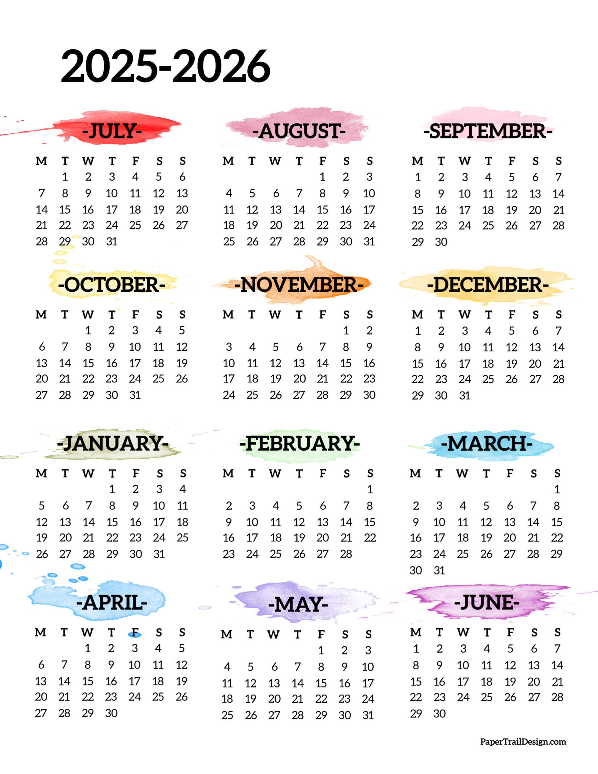 2025-2026 School Year Calendar Free Printable - Paper Trail Design with July 2025 To July 2026 Calendar Printable