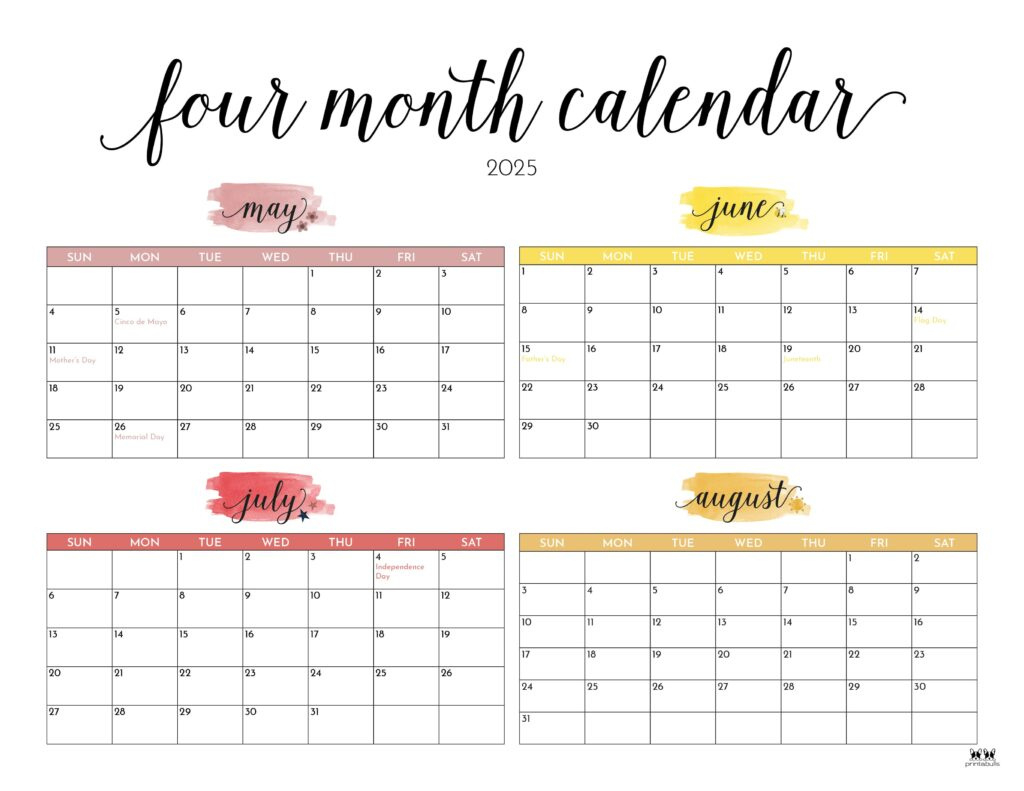 2025 Four Month Calendars 31 Free Printables | Printabulls With 4 Month Calendar May June July August 2025 2025 Four Month Calendars 31 Free Printables | Printabulls With 4 Month Calendar May June July August 2025