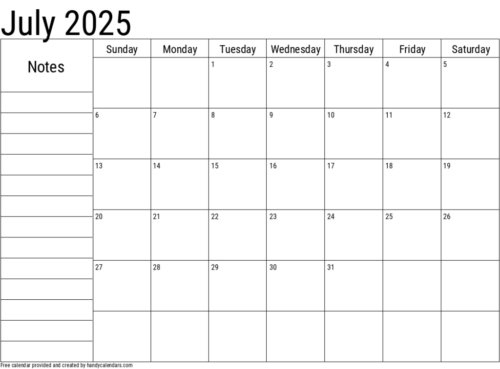 2025 July Calendars Handy Calendars With Regard To July 2025 Calendar With Notes 2025 July Calendars Handy Calendars With Regard To July 2025 Calendar With Notes