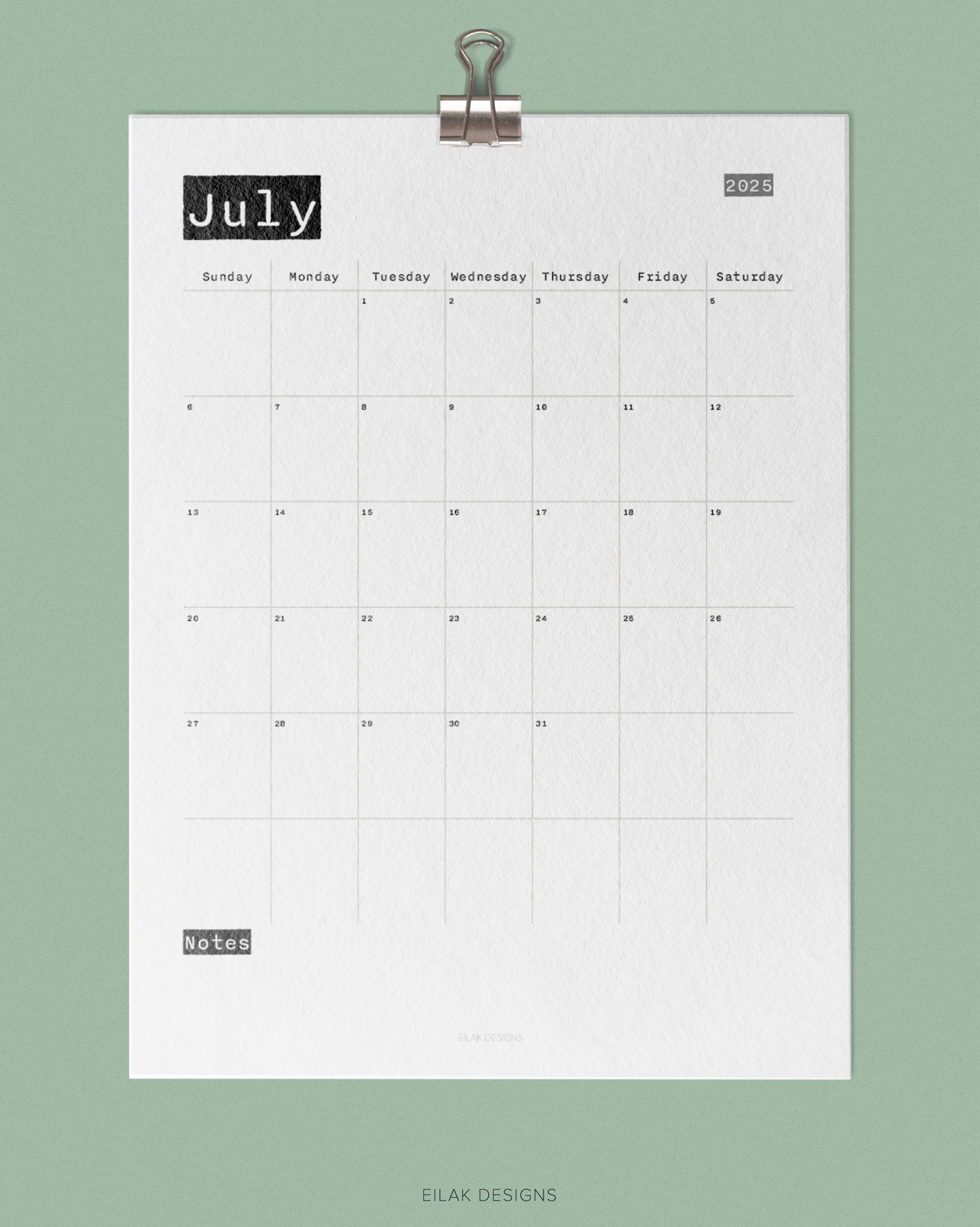 2025 Monthly Calendar Typewriter | Digital Download for July Calendar 2025 Waterproof