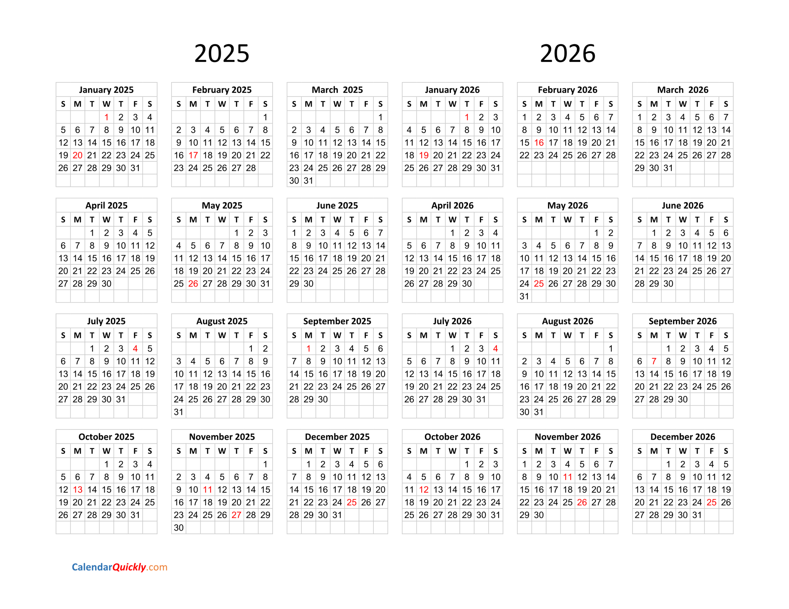 Calendar 2025 And 2026 On One Page | Calendar Quickly inside July 2025 to June 2026 Calendar Printable Free