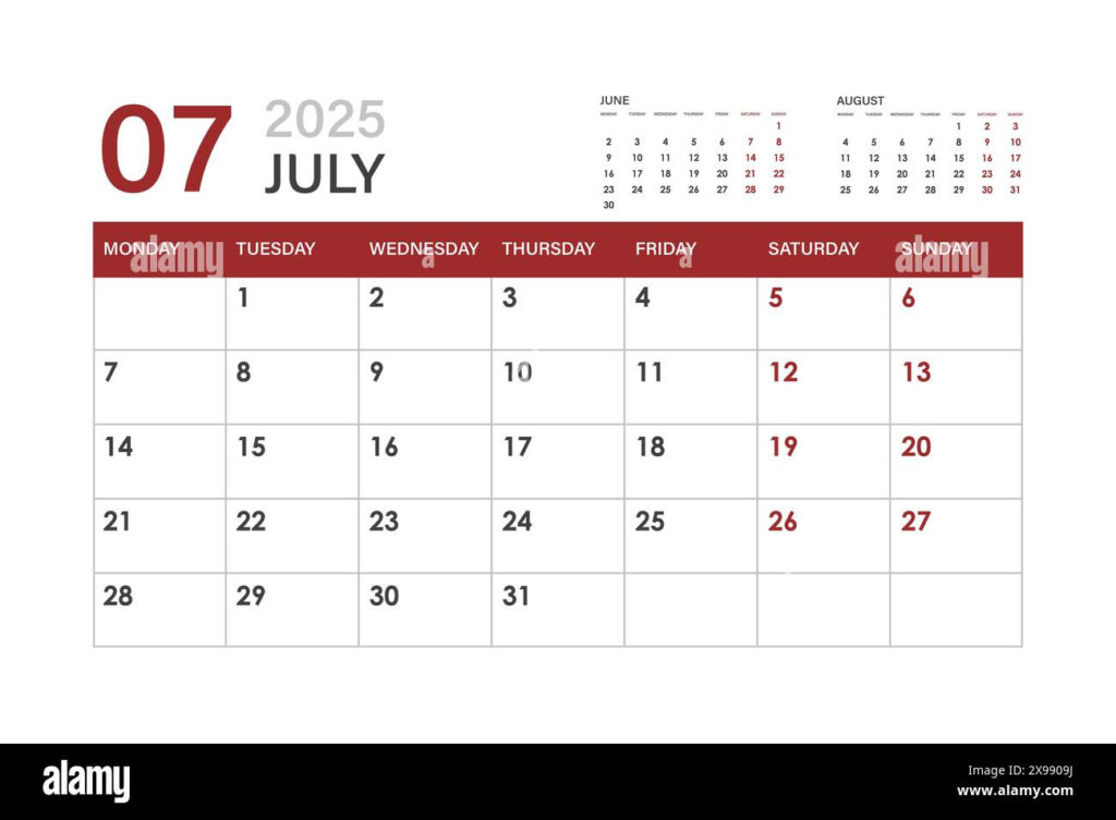 Calendar For July 2025. The Week Starts On Monday Stock Vector For July Calendar 2025 Monday Start Calendar For July 2025. The Week Starts On Monday Stock Vector For July Calendar 2025 Monday Start