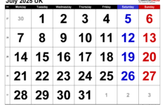 Calendar July 2025 Uk With Pdf, Excel And Word Templates in Month Of July 2025 Calendar