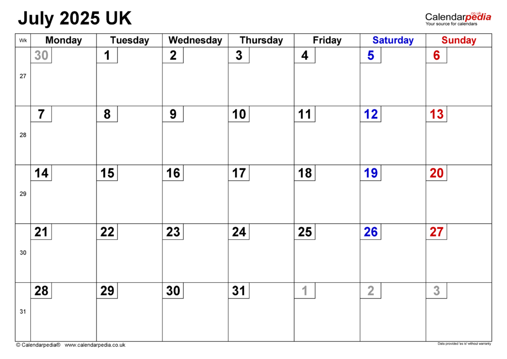 Calendar July 2025 Uk With Pdf, Excel And Word Templates Throughout July 2025 Calendar Excel Calendar July 2025 Uk With Pdf, Excel And Word Templates Throughout July 2025 Calendar Excel