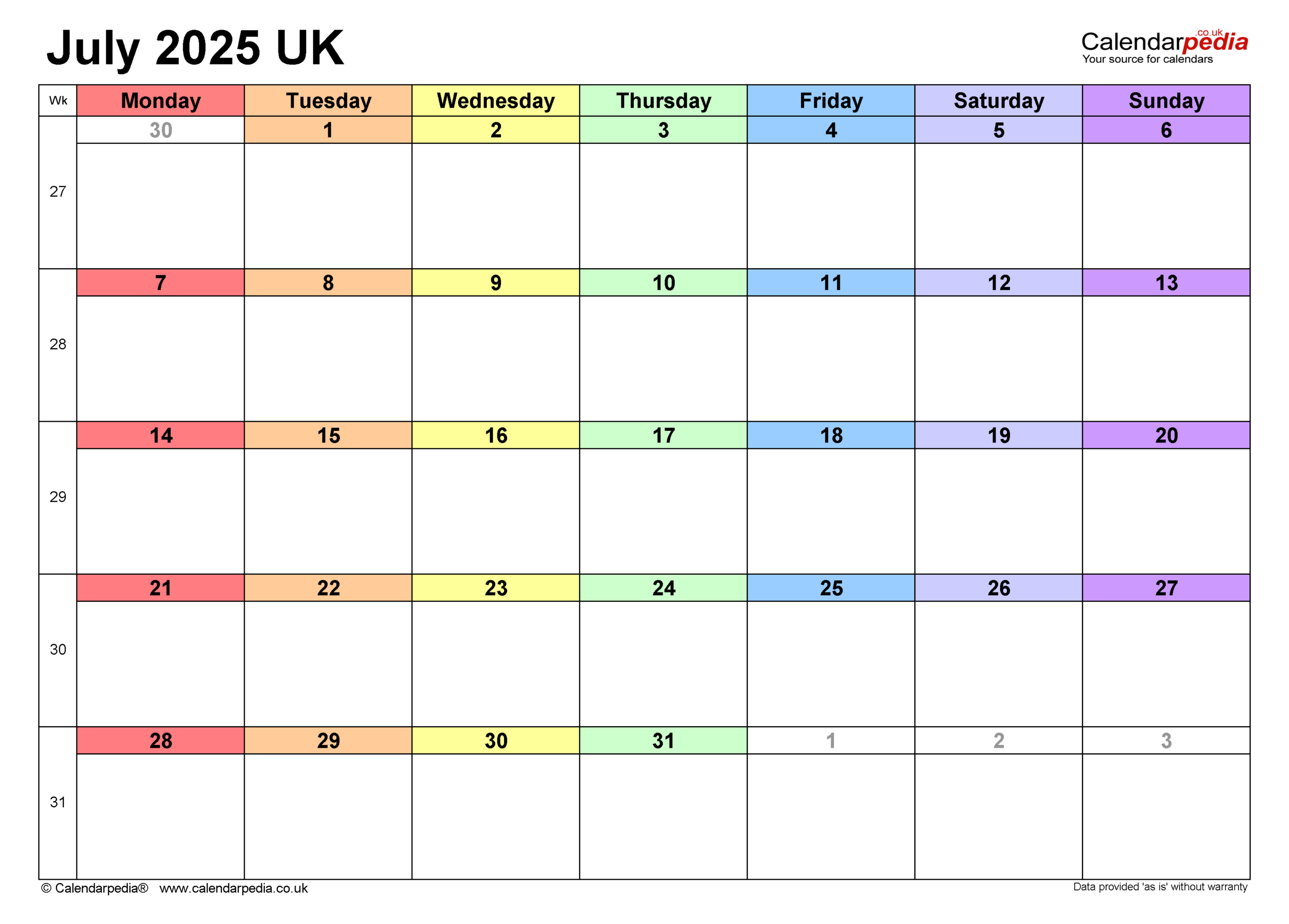 Calendar July 2025 Uk With Pdf, Excel And Word Templates within July 2025 Calendar Printable Uk