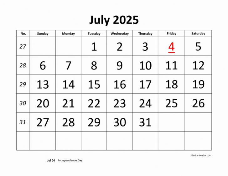 Large Printable July 2025 Calendar