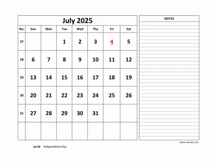 July 2025 Calendar with Notes