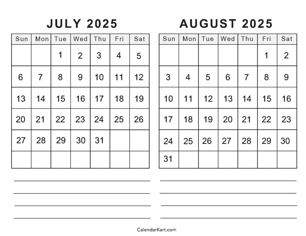 Free Printable July August 2025 Calendar | Calendarkart Throughout July And August 2025 Calendar Free Printable July August 2025 Calendar | Calendarkart Throughout July And August 2025 Calendar