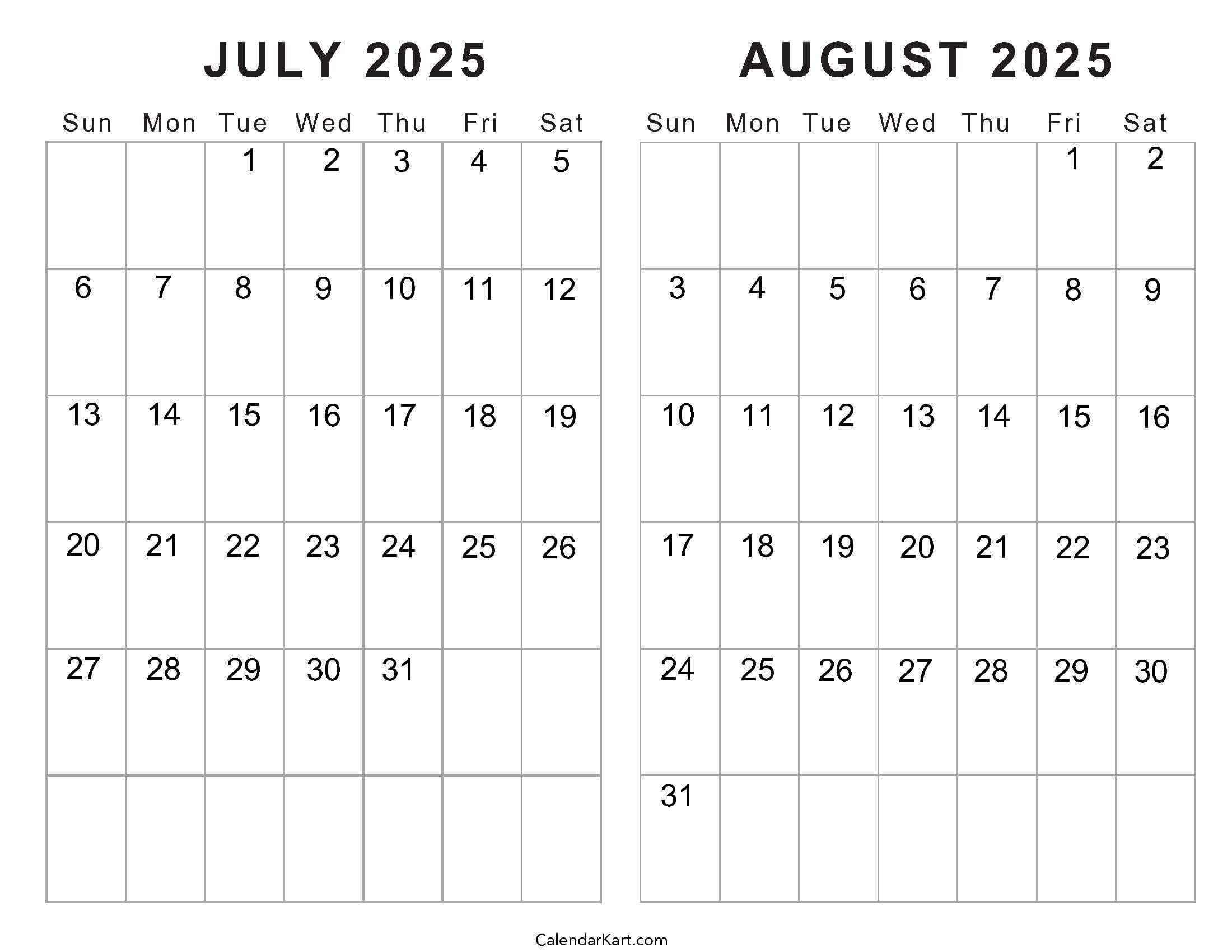 Free Printable July August 2025 Calendar | Calendarkart throughout Printable Monthly Calendar July And August 2025