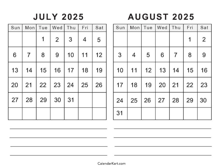 July and August 2025 Calendar Printable
