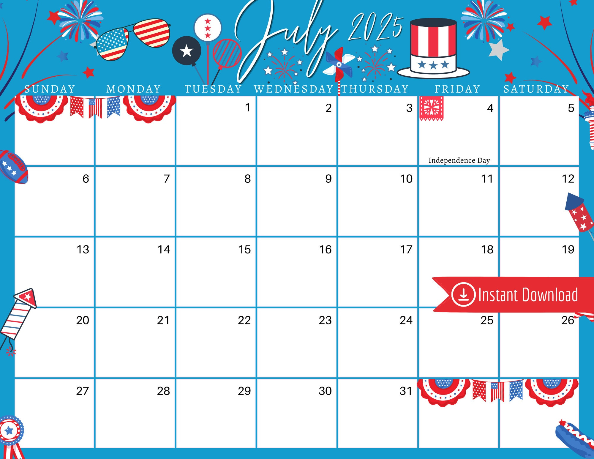Juli 2025 Digitaler Kalender - Blauer 4. Juli Planer Bearbeitbarer throughout July 4th 2025 Calendar