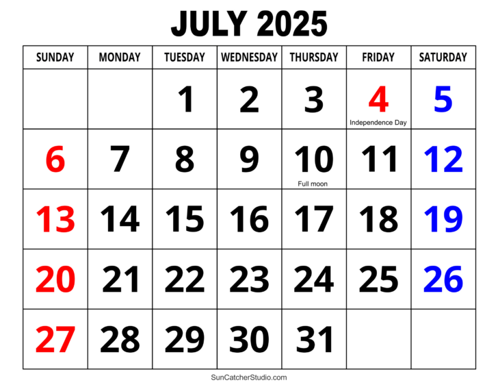 Calendar of July 2025