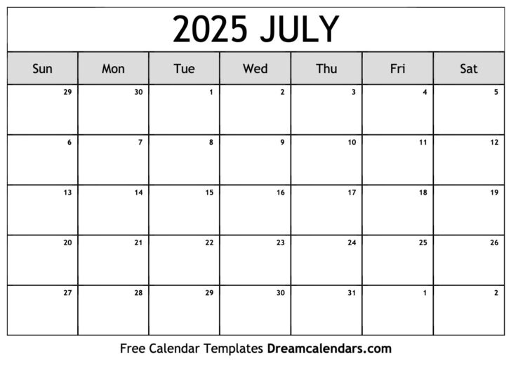 Printable July Blank Calendar 2025