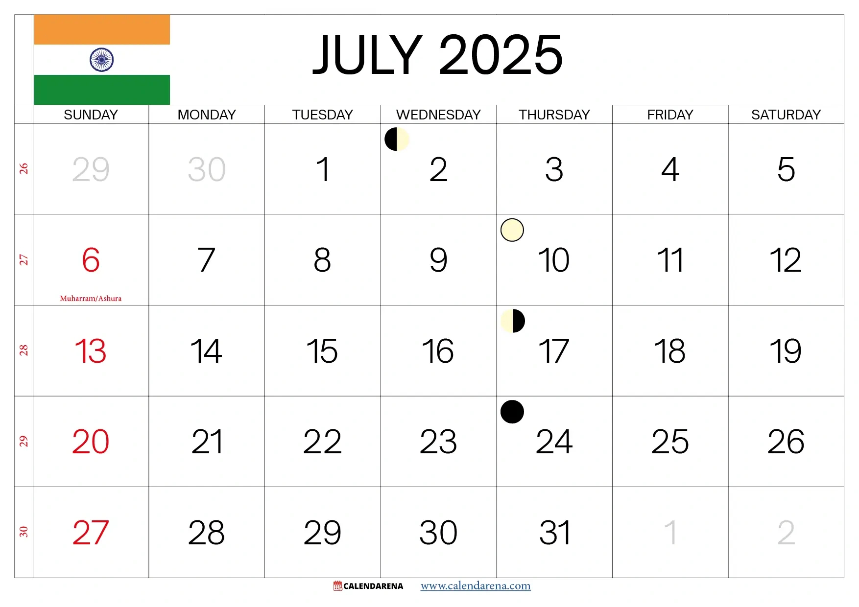 July 2025 Calendar India for Tamil Calendar 2025 July