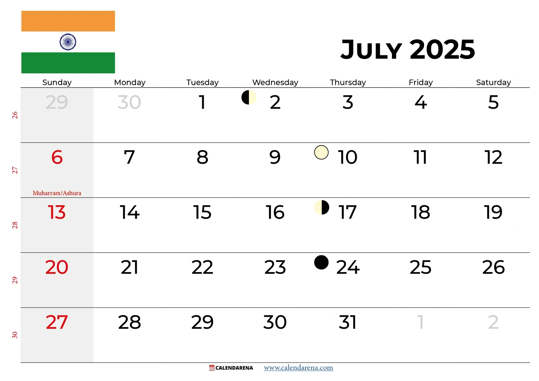 July 2025 Calendar India in July Calendar 2025 with Holidays
