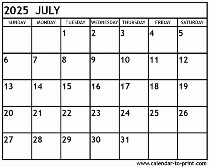 July Calendar 2025 Template Printable