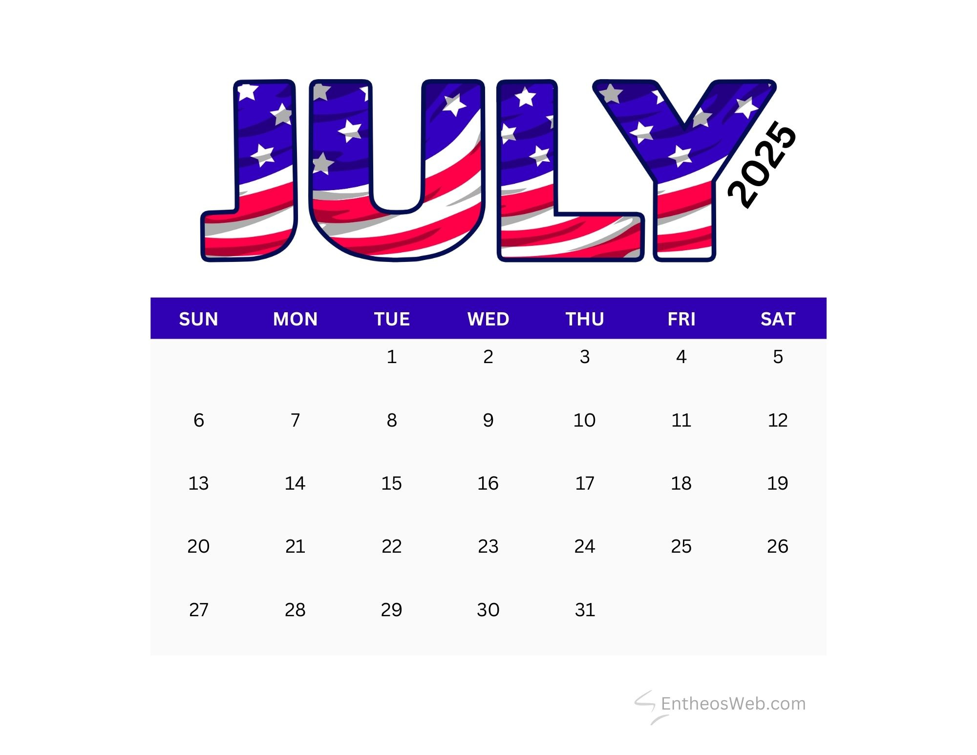 July 2025 Calendar Printables | Entheosweb within July 4 2025 Calendar