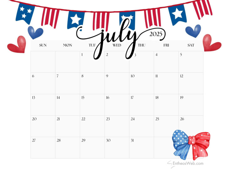 July Calendar 2025 Printable Free Pdf