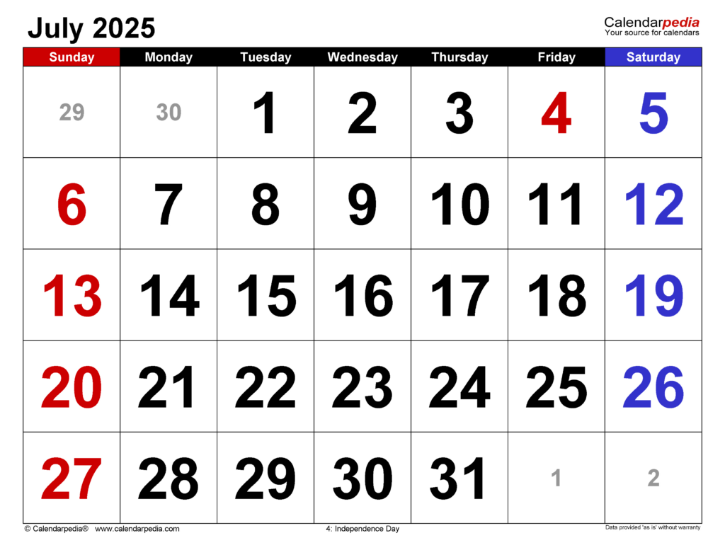 July 2025 Calendar | Templates For Pdf, Excel And Word Throughout July 4Th 2025 Calendar Date July 2025 Calendar | Templates For Pdf, Excel And Word Throughout July 4Th 2025 Calendar Date