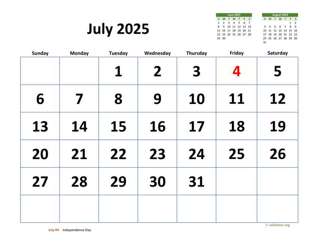 July 2025 Calendar With Extra Large Dates | Wikidates Inside July 13 2025 Calendar July 2025 Calendar With Extra Large Dates | Wikidates Inside July 13 2025 Calendar