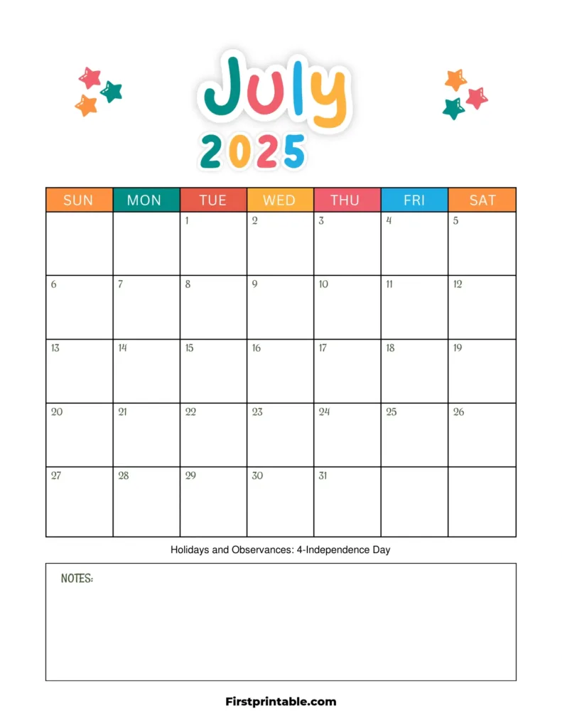 July 2025 Calendars Free Printable & Fillable With July 2025 Calendar Kids July 2025 Calendars Free Printable & Fillable With July 2025 Calendar Kids