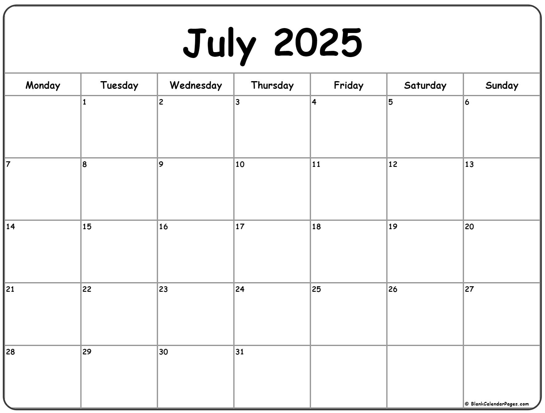 July 2025 Monday Calendar | Monday To Sunday within 18 Month Calendar Starting July 2025