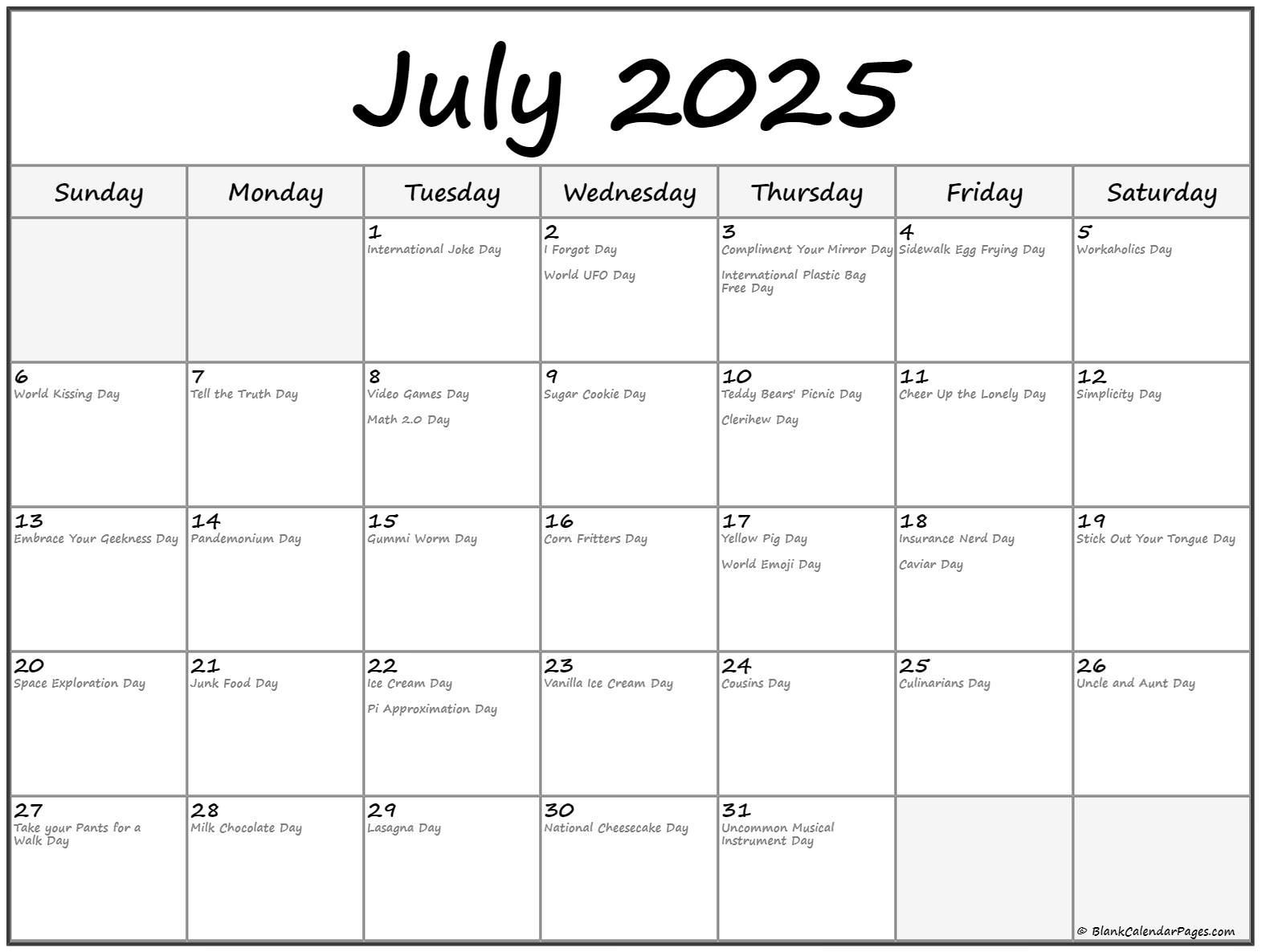 July 2025 With Holidays Calendar inside National Calendar July 2025