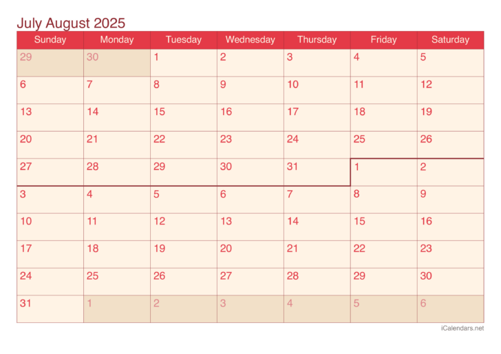 Free Printable July and August 2025 Calendar