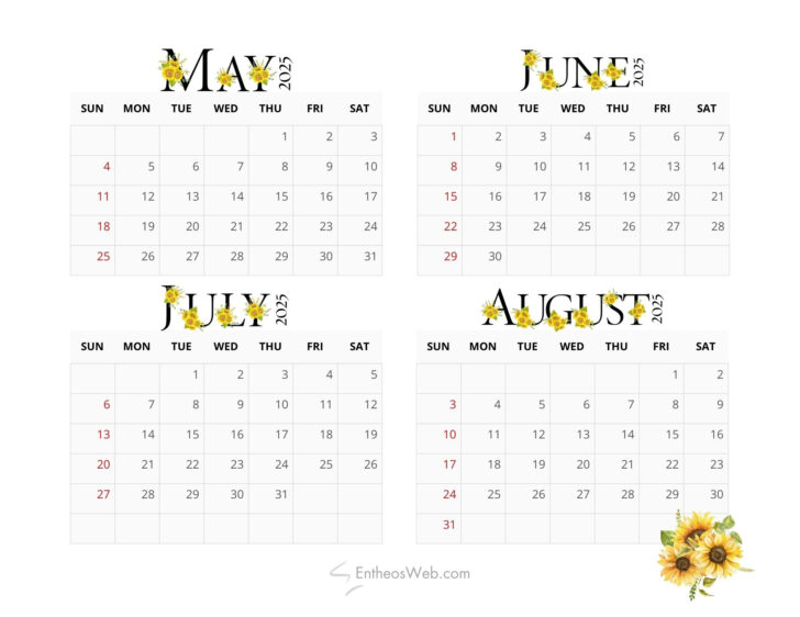 4 Month Calendar May June July August 2025