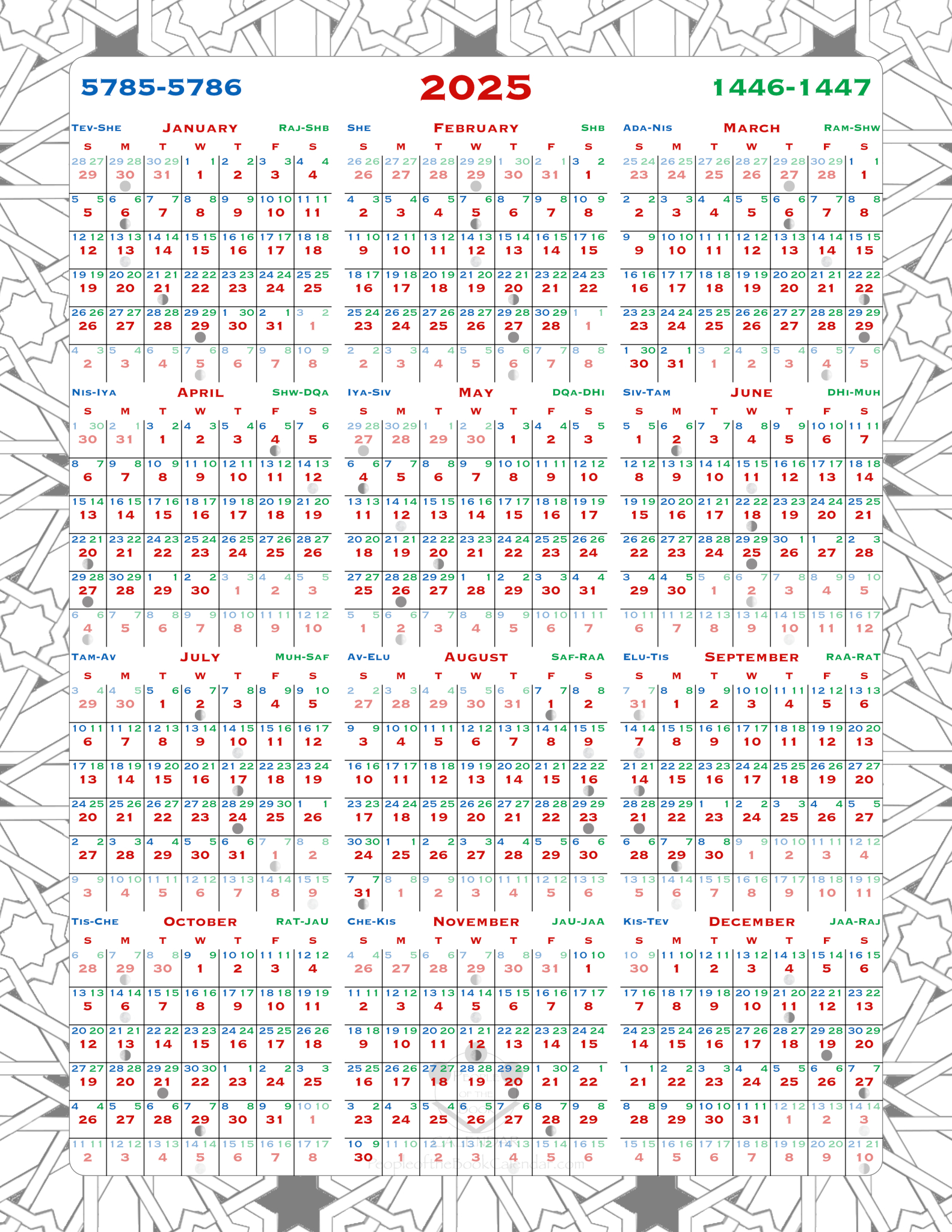 People Of The Book Calendar – Jewish, Christian And Islamic Calendar pertaining to Printable Quadax Julian Calendar 2025