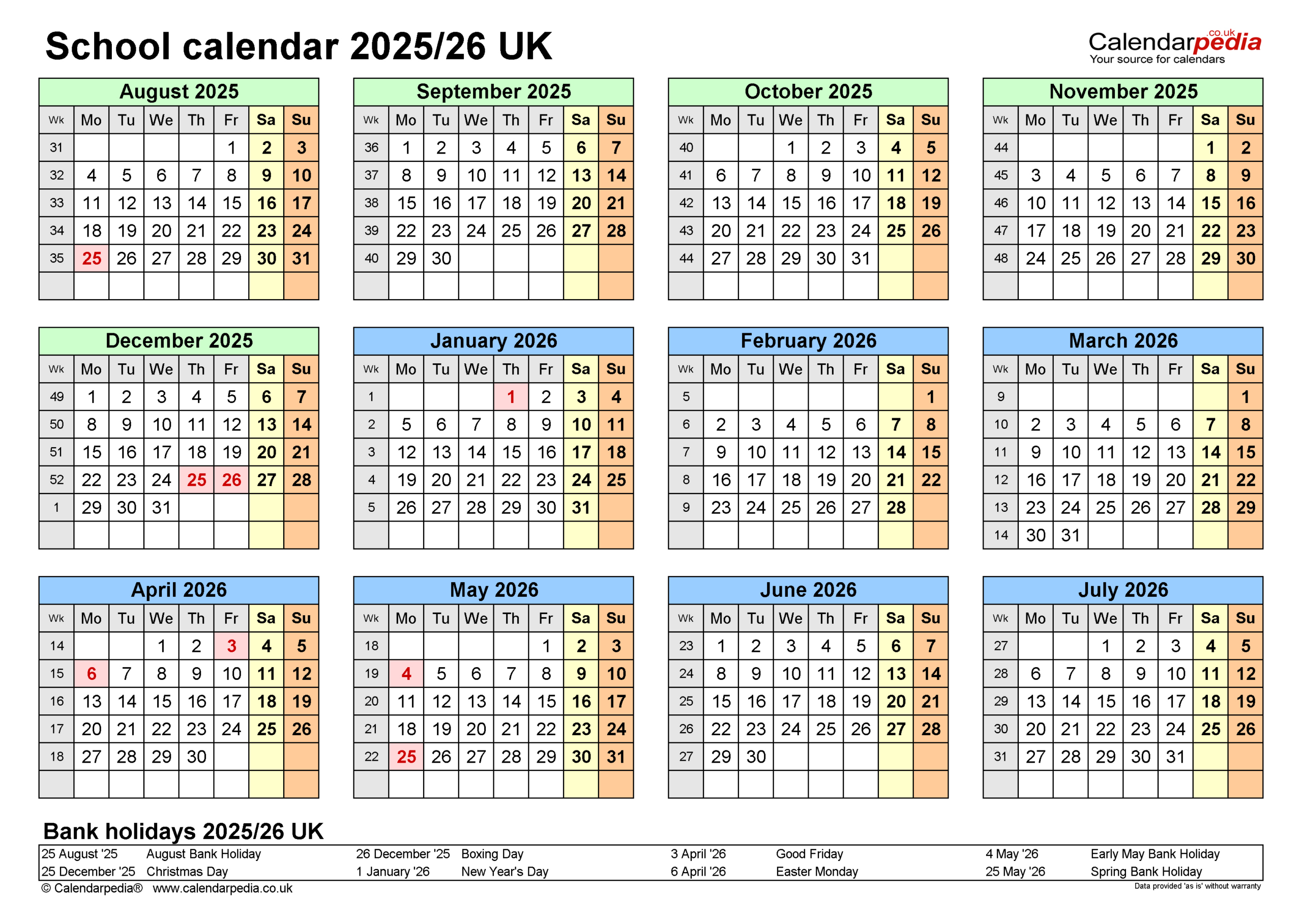 School Calendars 2025/26 Uk - Free Printable Pdf Templates throughout July 2025 To June 2026 School Calendar