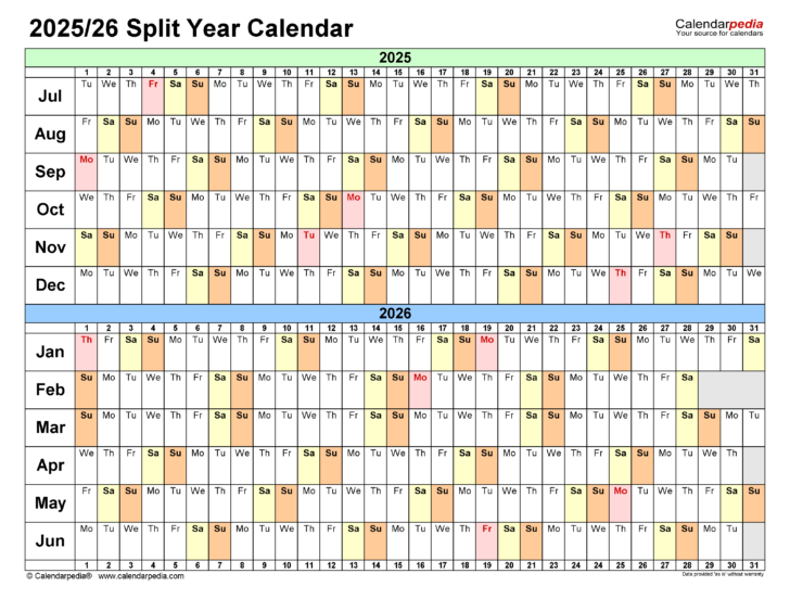 July 2025 to June 2026 Calendar Printable
