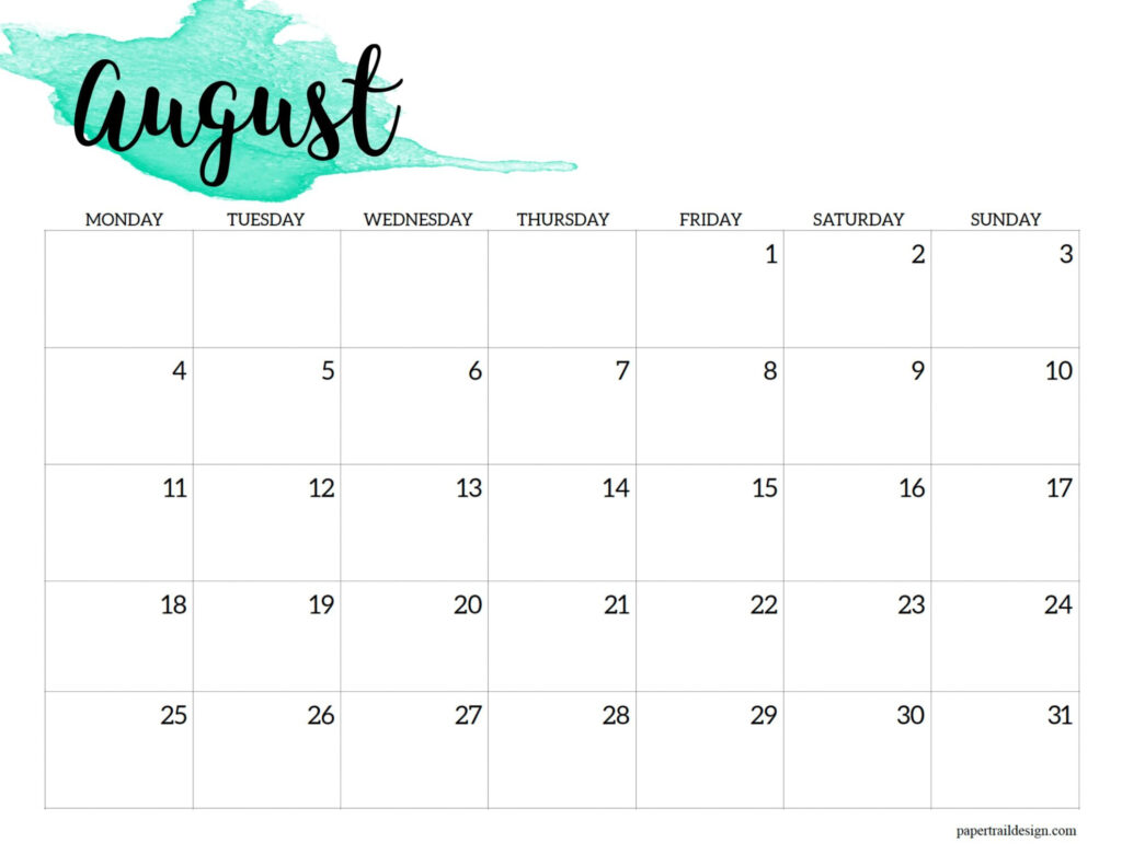 2025 Monday Start Calendar Printable   Watercolor   Paper Trail Design Throughout August 2025 Calendar Monday Start