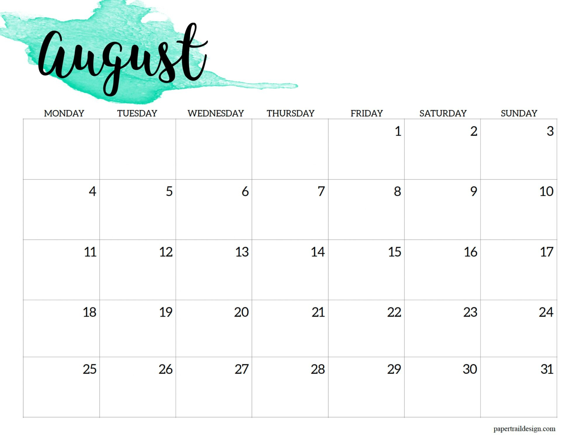 2025 Monday Start Calendar Printable - Watercolor - Paper Trail Design throughout August 2025 Calendar Monday Start