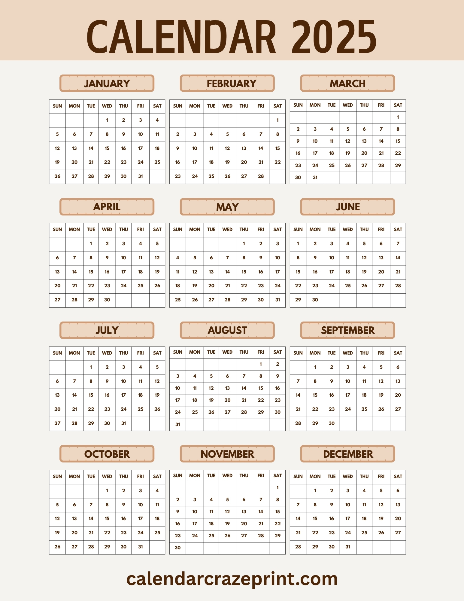 Free 8.5x11 Printable 2025 Calendar - Download PDF VERSION on CalendarCrazePrint.Com (2)